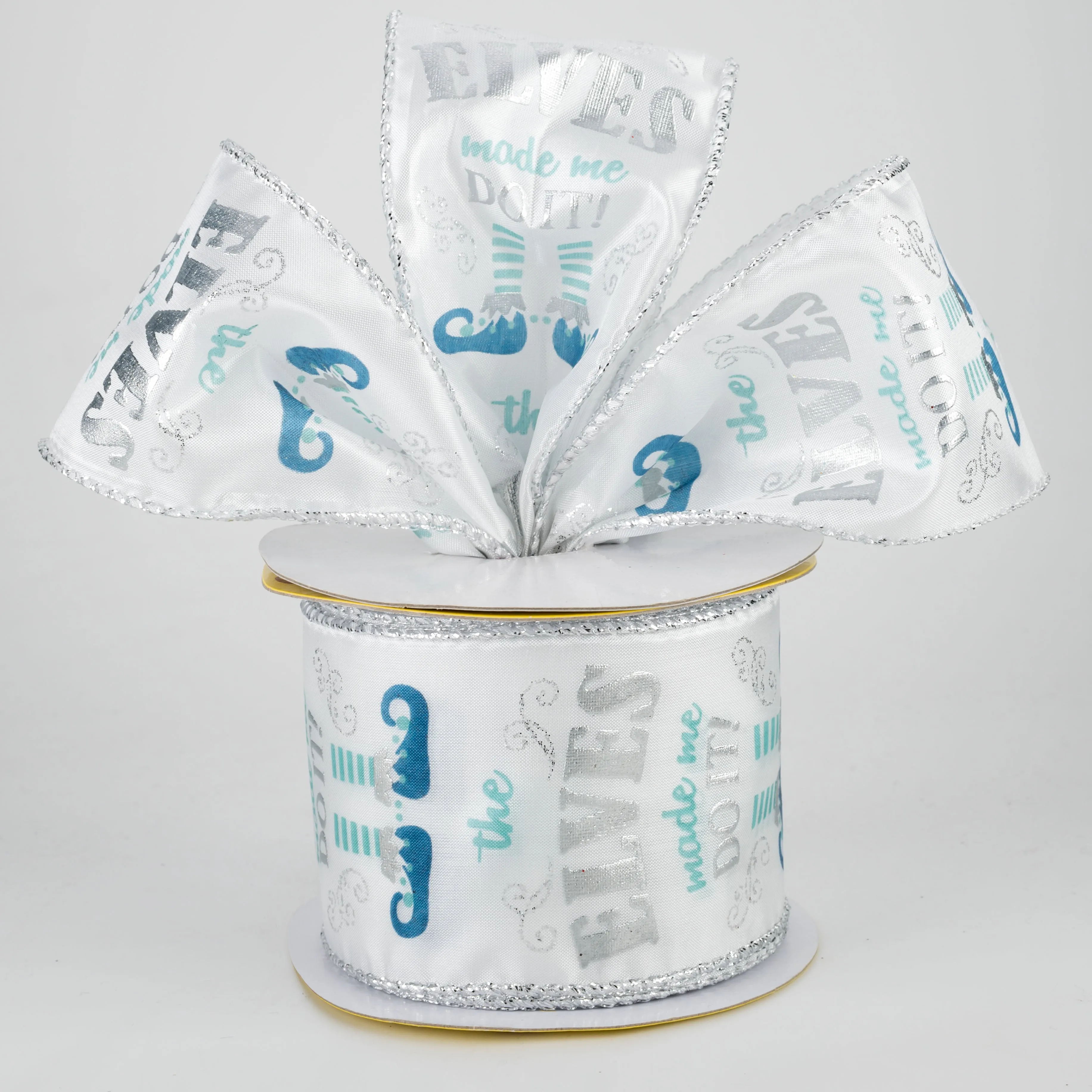 2.5" Elves Made Me Ribbon: Light Blue & Silver (10 Yards)