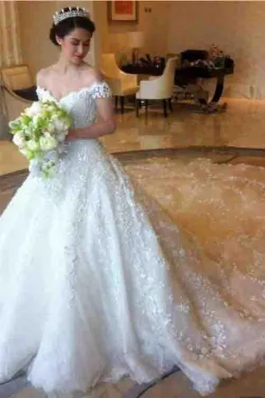 Ball Gown Romantic Long Train Luxury Off the Shoulder Wedding Dresses PFW0036
