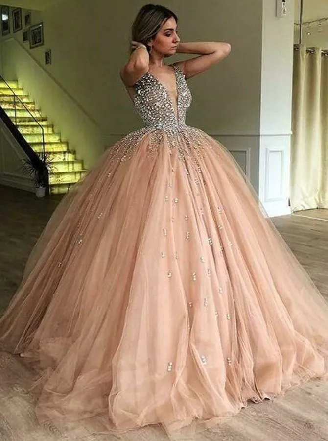 Ball Gown V-neck Beading Quinceanera Dresses Tulle Prom Dresses MP291