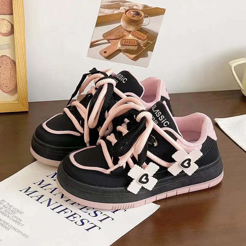 binfenxie  -  Designer Women Pink Breathable Flower Sneakers Cute Patchwork Shoes Thick Heel Sneakers Casual Running Platform Y2K Bread Shoes