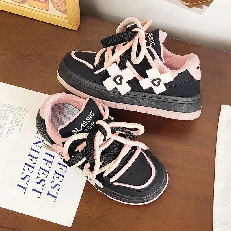 binfenxie  -  Designer Women Pink Breathable Flower Sneakers Cute Patchwork Shoes Thick Heel Sneakers Casual Running Platform Y2K Bread Shoes