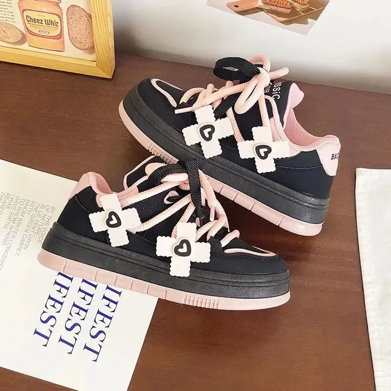 binfenxie  -  Designer Women Pink Breathable Flower Sneakers Cute Patchwork Shoes Thick Heel Sneakers Casual Running Platform Y2K Bread Shoes