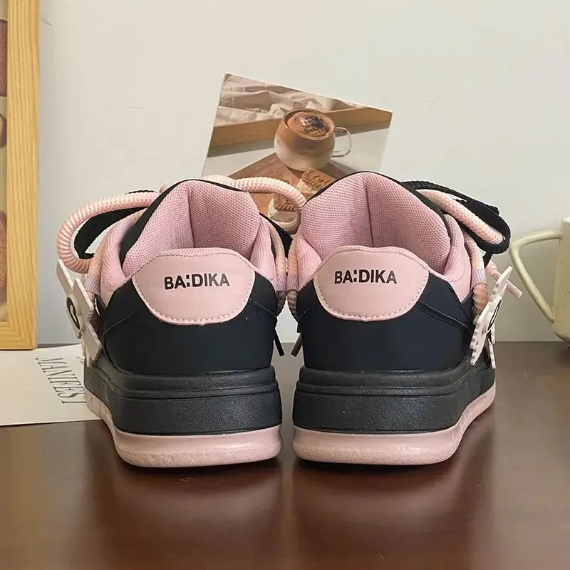 binfenxie  -  Designer Women Pink Breathable Flower Sneakers Cute Patchwork Shoes Thick Heel Sneakers Casual Running Platform Y2K Bread Shoes