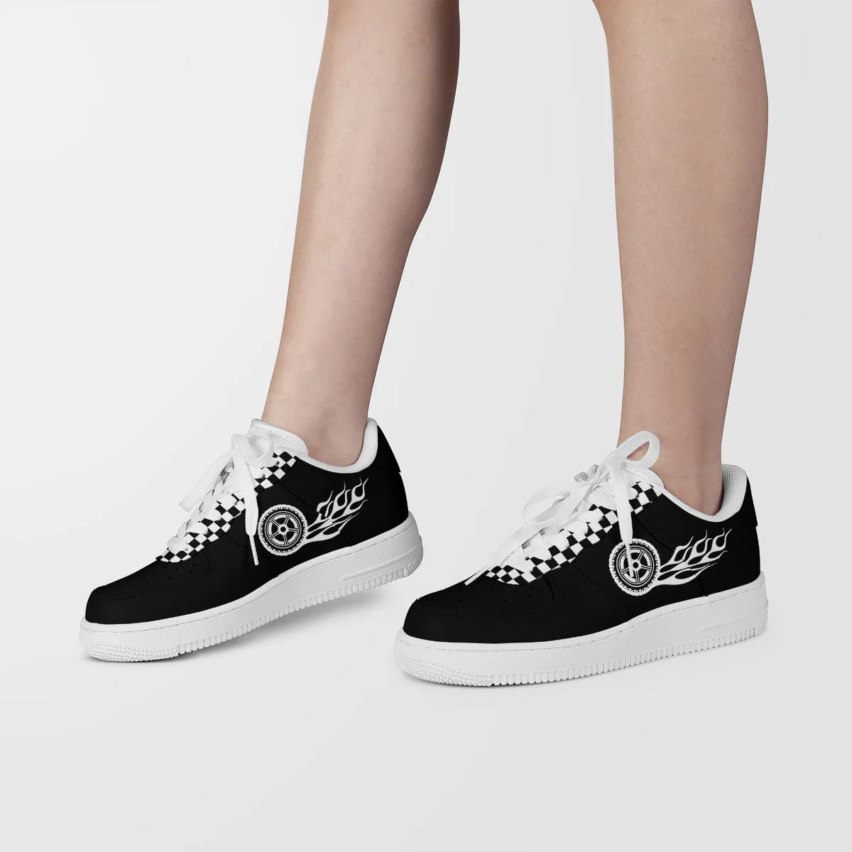 Black & White Checked with Tire and Flames Racing Themed Unisex Air Force Sneakers