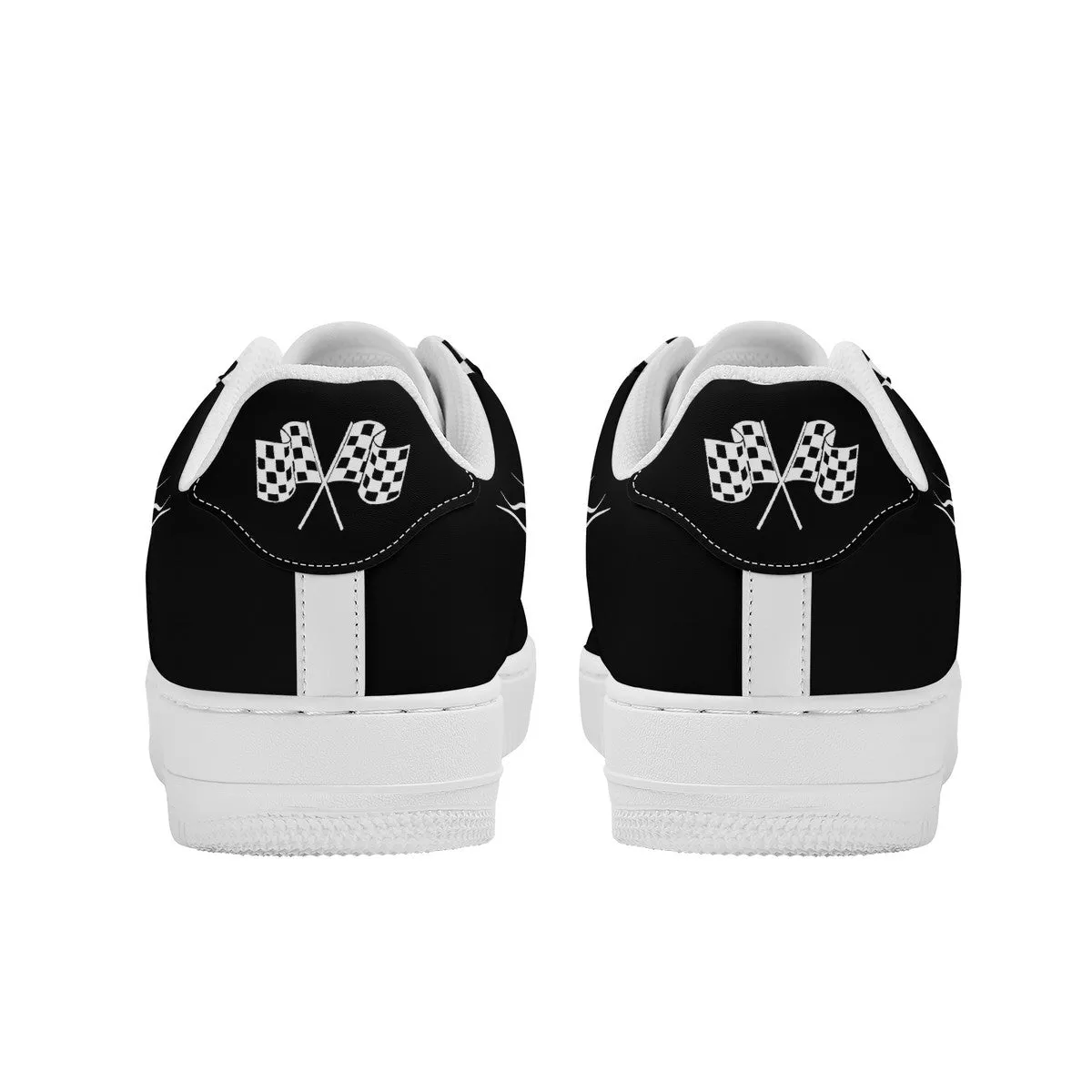 Black & White Checked with Tire and Flames Racing Themed Unisex Air Force Sneakers