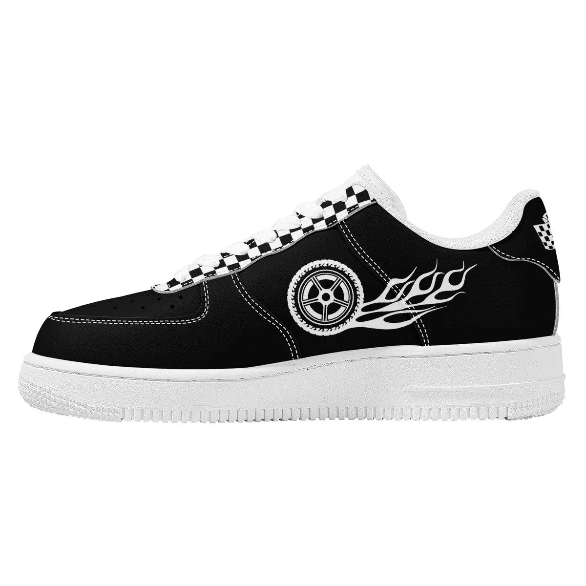 Black & White Checked with Tire and Flames Racing Themed Unisex Air Force Sneakers