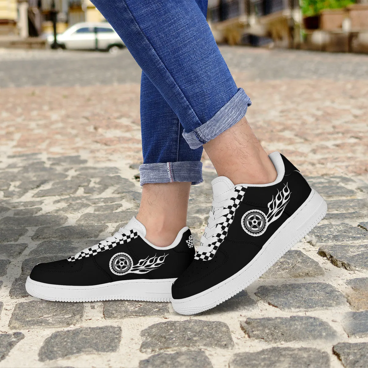 Black & White Checked with Tire and Flames Racing Themed Unisex Air Force Sneakers