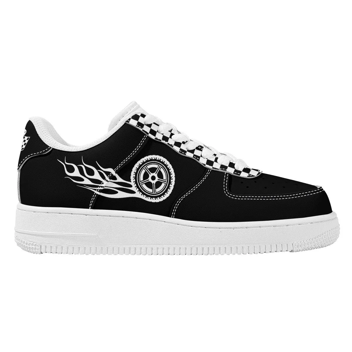 Black & White Checked with Tire and Flames Racing Themed Unisex Air Force Sneakers