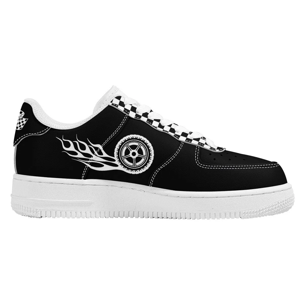 Black & White Checked with Tire and Flames Racing Themed Unisex Air Force Sneakers