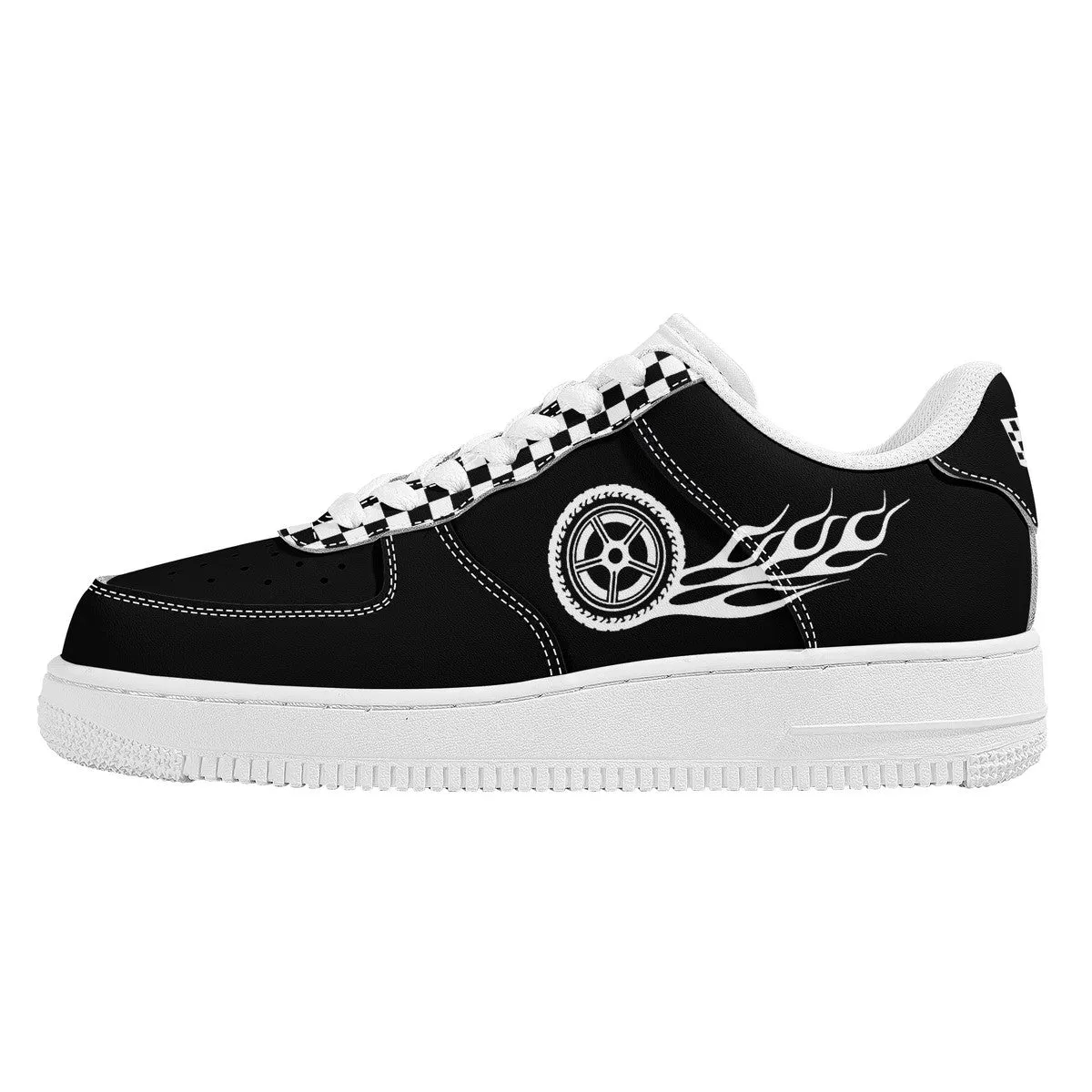 Black & White Checked with Tire and Flames Racing Themed Unisex Air Force Sneakers