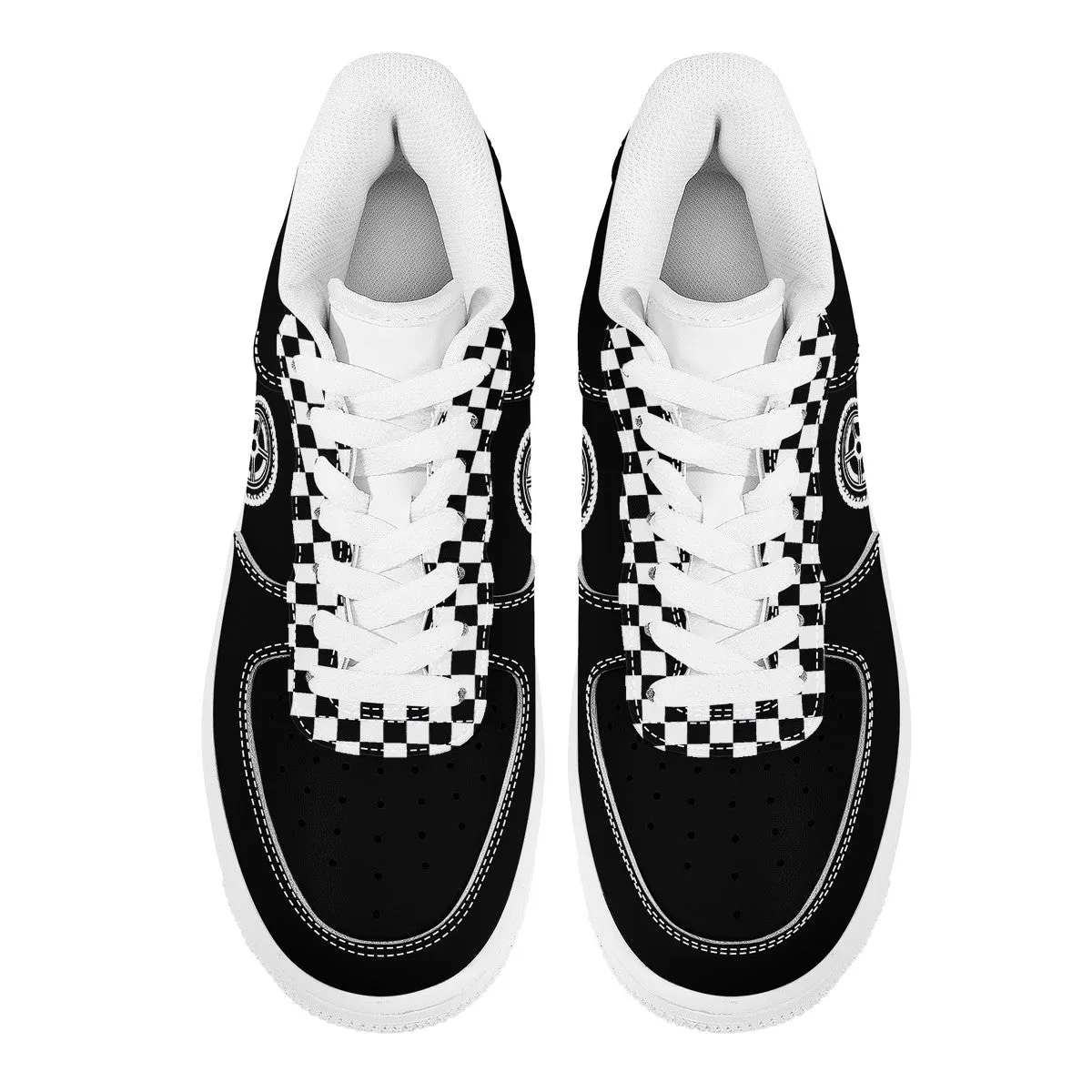 Black & White Checked with Tire and Flames Racing Themed Unisex Air Force Sneakers