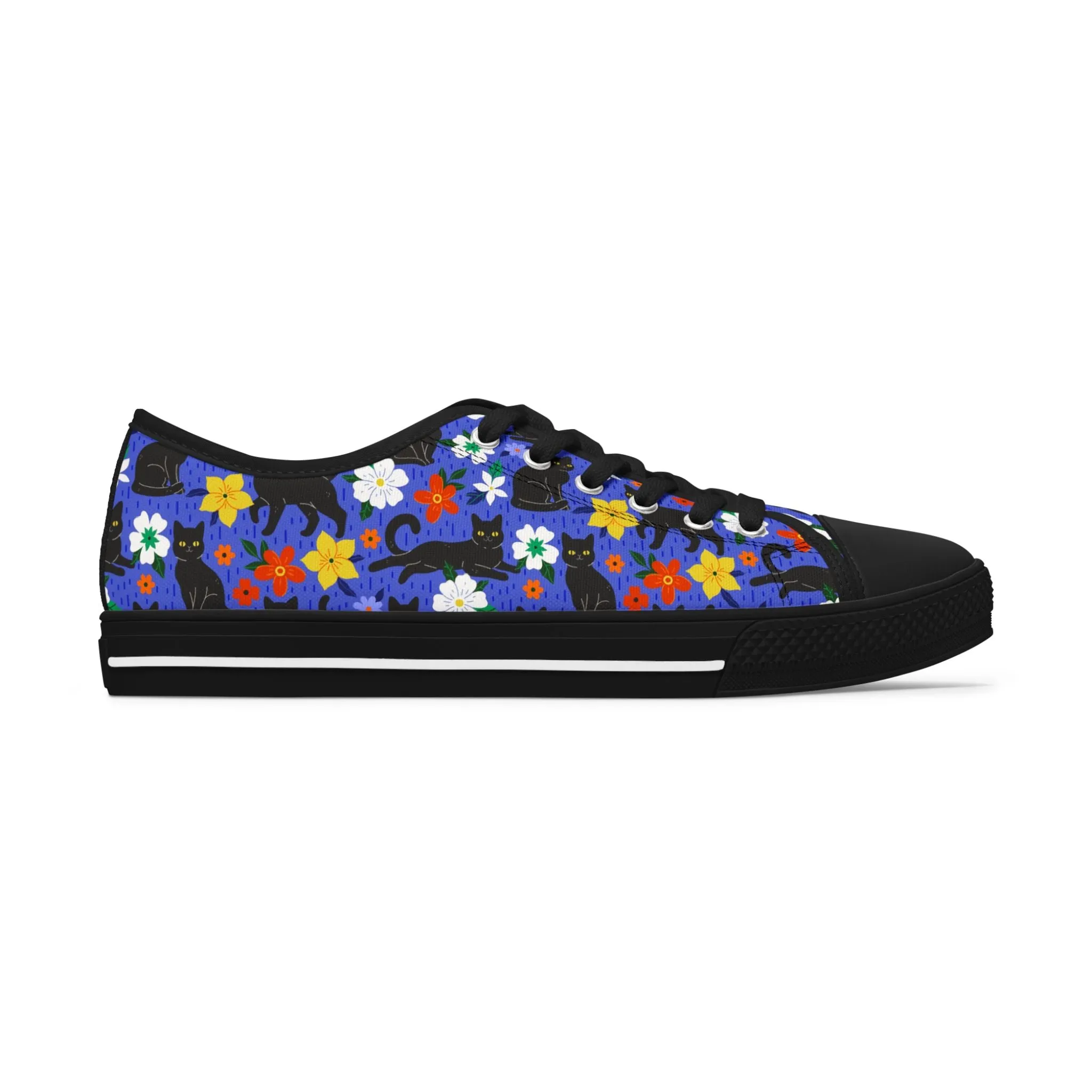 Black Kitty and Colorful Flowers Women's Low Top Sneakers