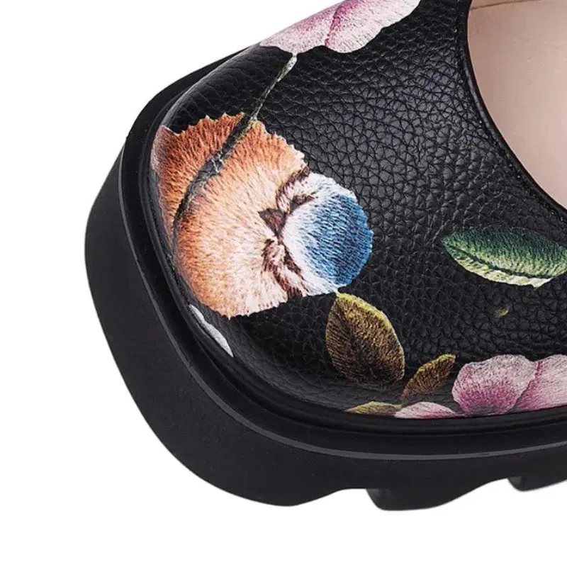 Black Leather Multicolor Floral Buckle Closed Toe Platform Heel Sneakers