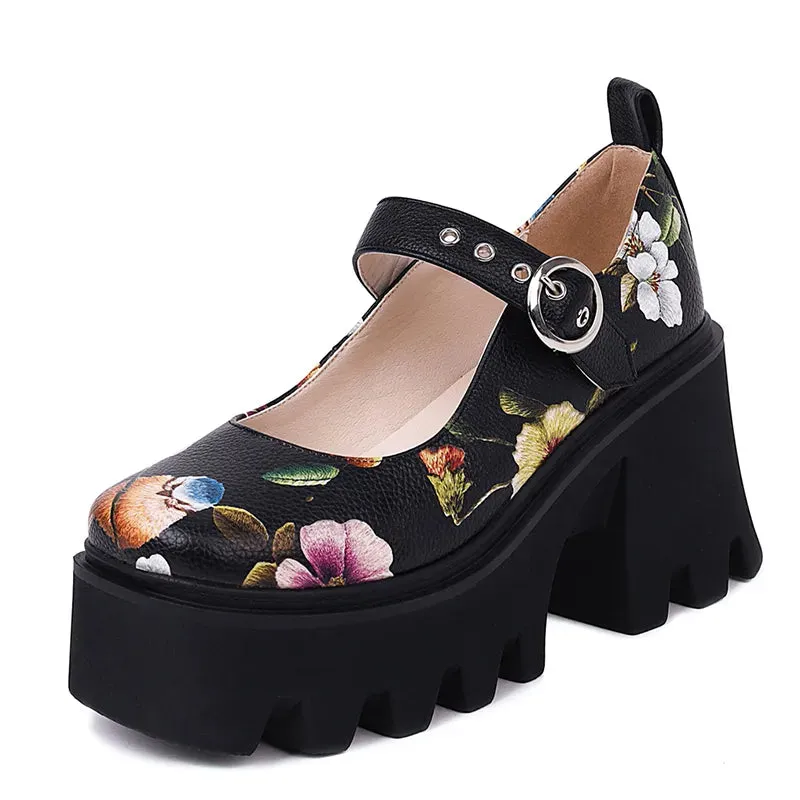 Black Leather Multicolor Floral Buckle Closed Toe Platform Heel Sneakers