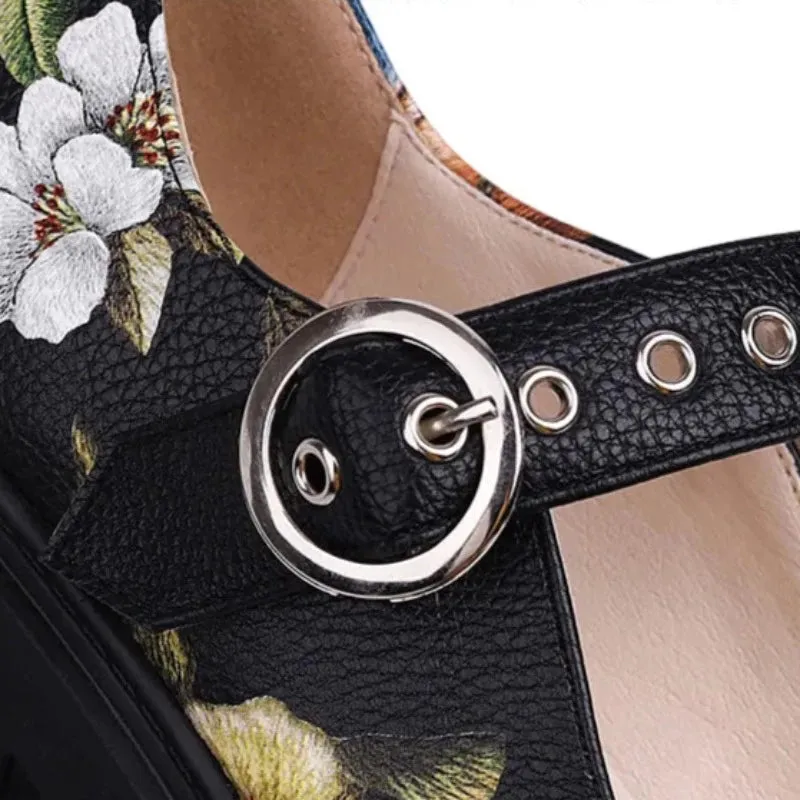 Black Leather Multicolor Floral Buckle Closed Toe Platform Heel Sneakers