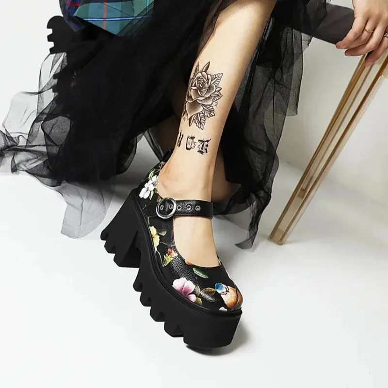 Black Leather Multicolor Floral Buckle Closed Toe Platform Heel Sneakers