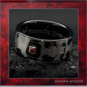 Black tungsten custom engraved 10 mm Viking wedding ring with princess cut any gemstone