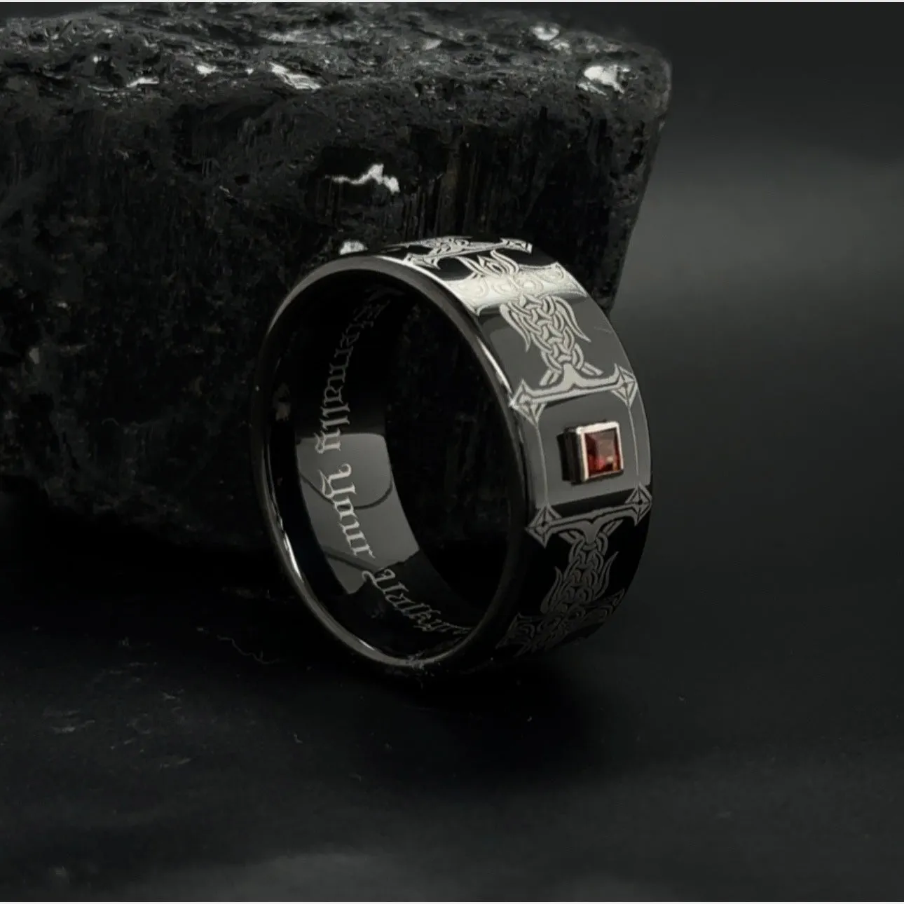 Black tungsten custom engraved 10 mm Viking wedding ring with princess cut any gemstone