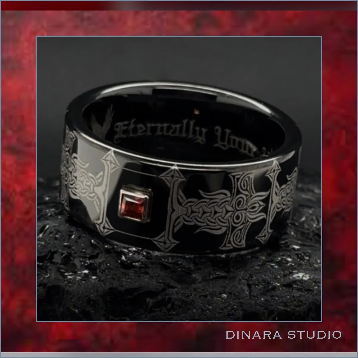 Black tungsten custom engraved 10 mm Viking wedding ring with princess cut any gemstone