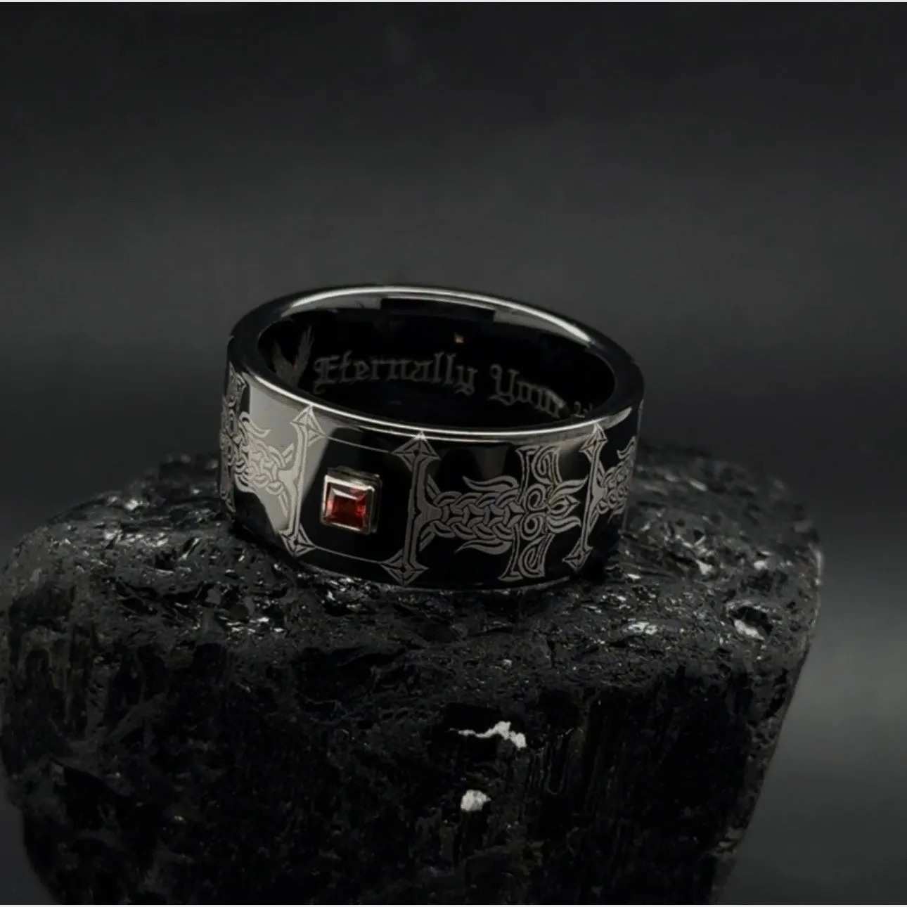 Black tungsten custom engraved 10 mm Viking wedding ring with princess cut any gemstone