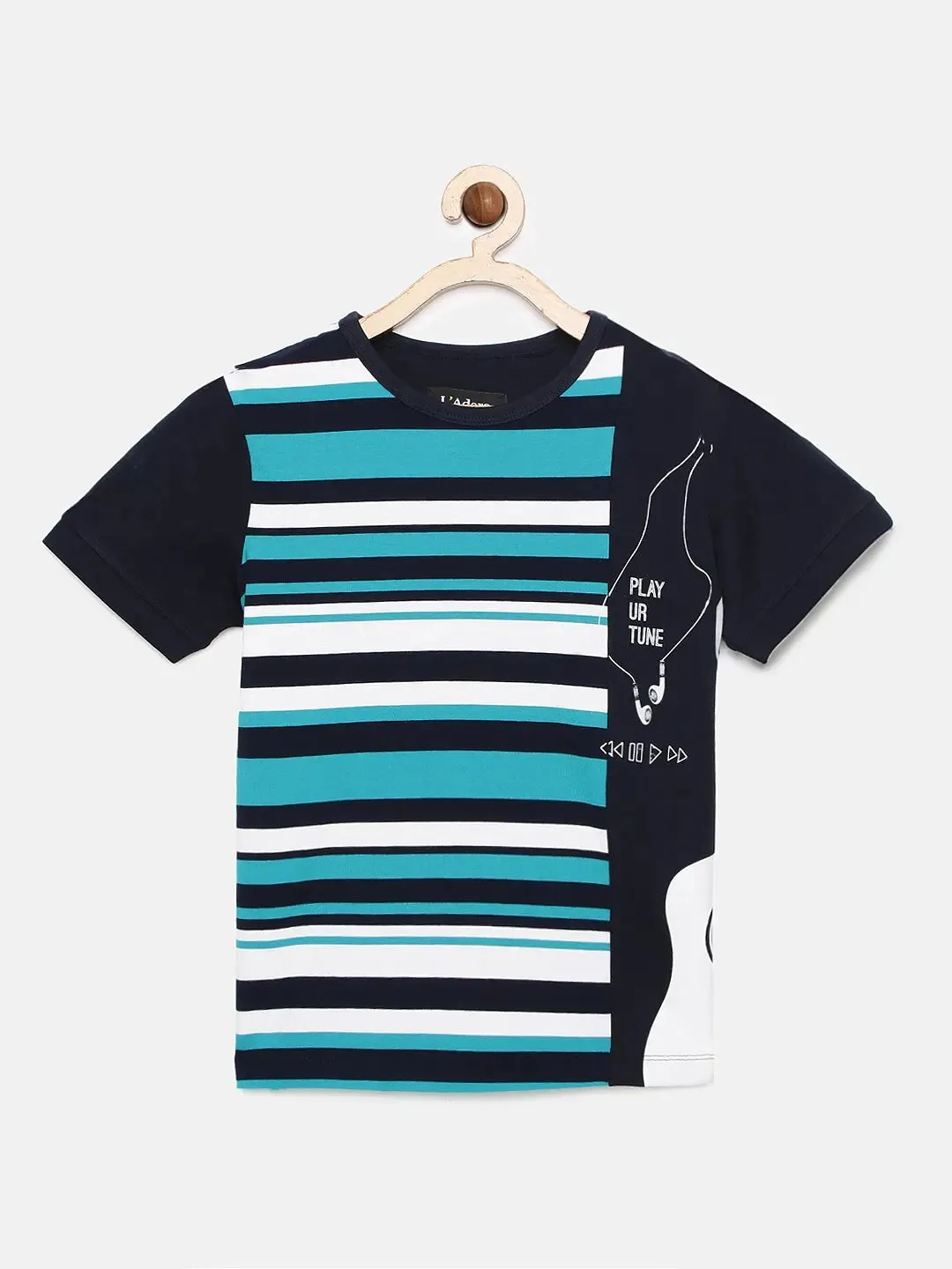 Boys Blue Striped Round Neck Cotton T-shirt