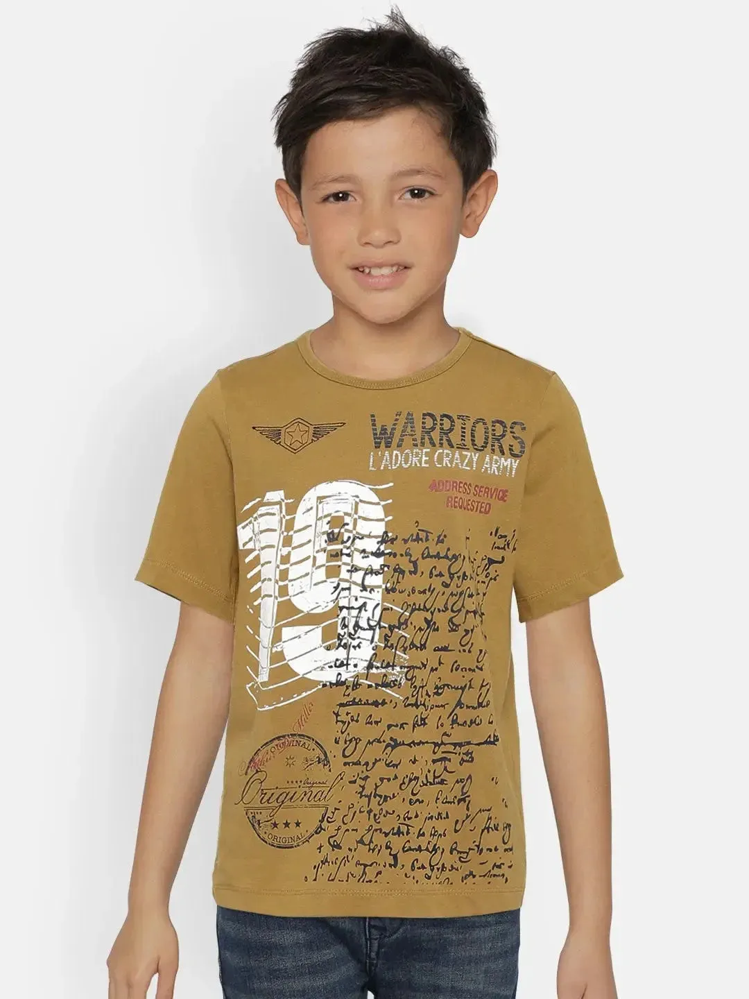 Boys Mustard Printed Round Neck Cotton T-shirt