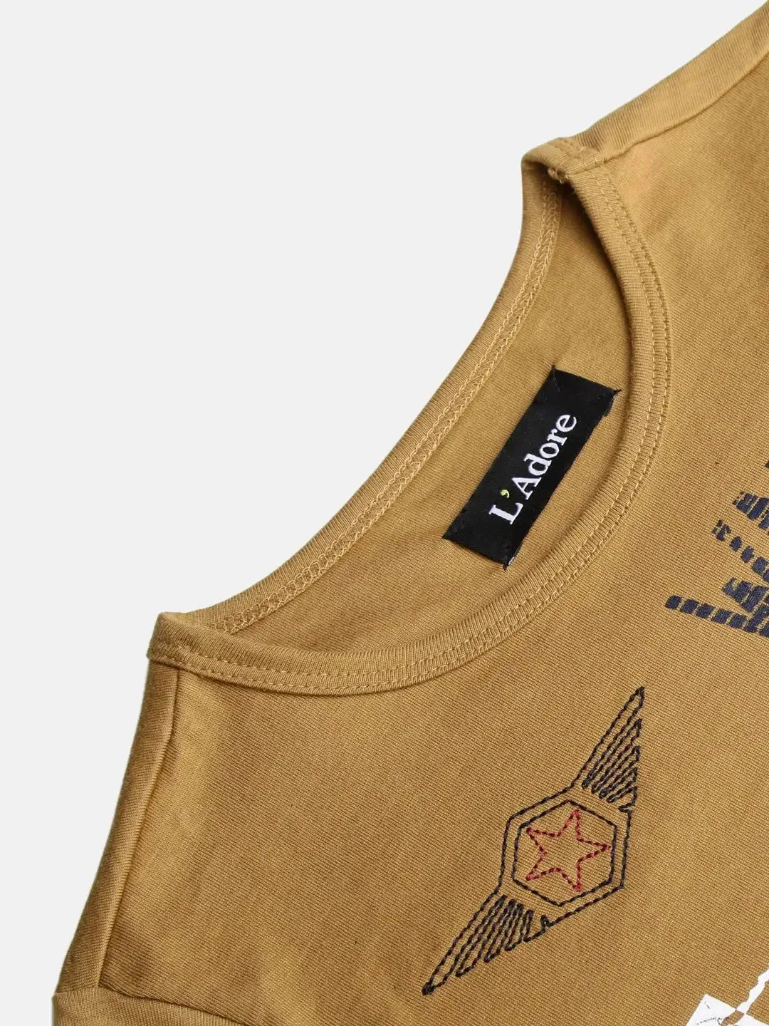 Boys Mustard Printed Round Neck Cotton T-shirt