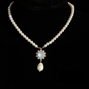 Bridgeton Daphne Handmade Quinceanera Pearl Necklace With Moonstone - Regency Era Style Single-strand
