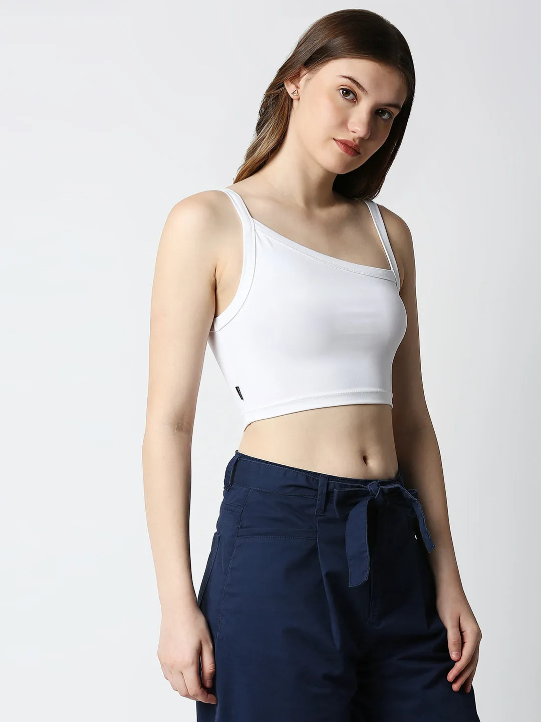 Disrupt Women White Slant Neckline Trendy Slim Fit Sleeveless Crop Top