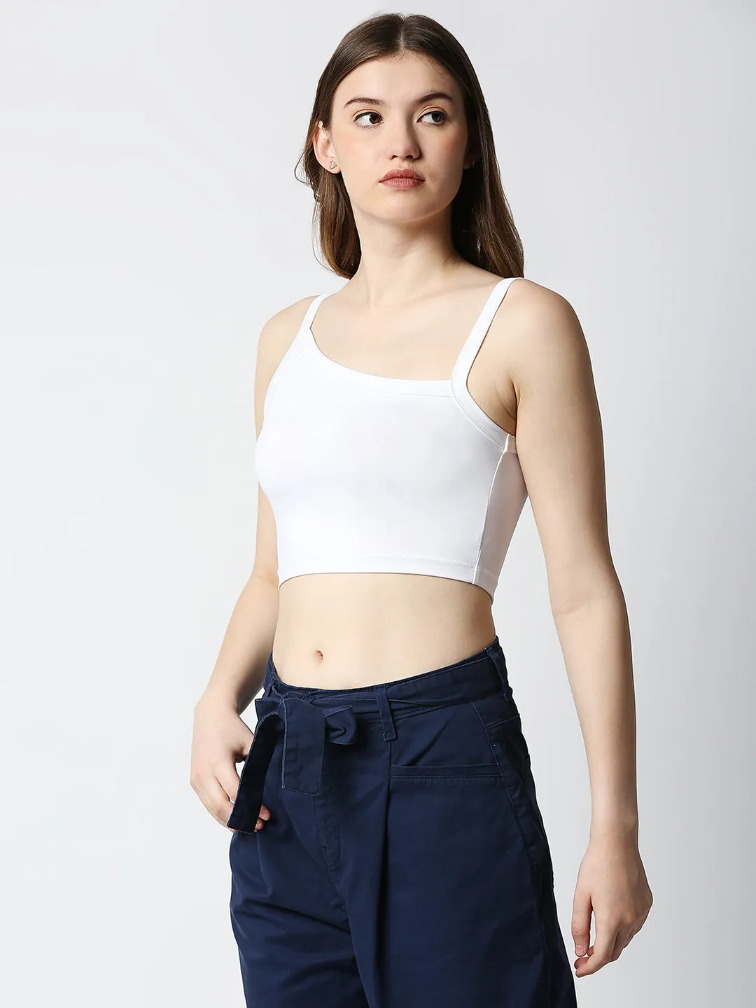 Disrupt Women White Slant Neckline Trendy Slim Fit Sleeveless Crop Top