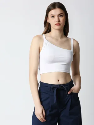 Disrupt Women White Slant Neckline Trendy Slim Fit Sleeveless Crop Top