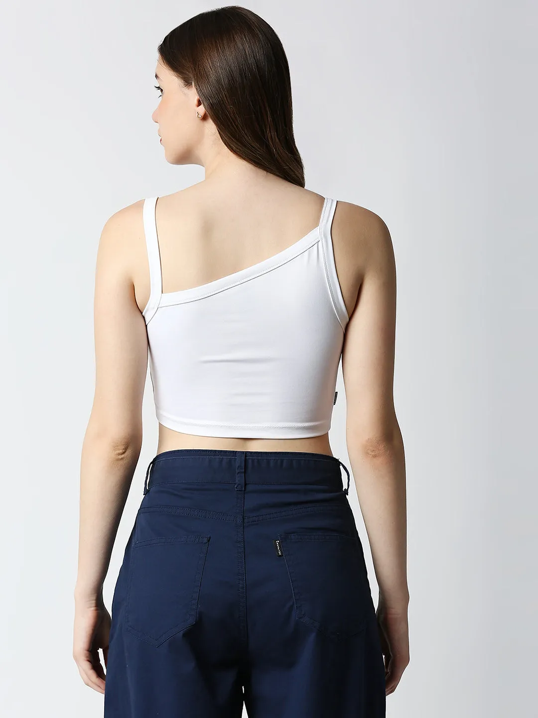 Disrupt Women White Slant Neckline Trendy Slim Fit Sleeveless Crop Top