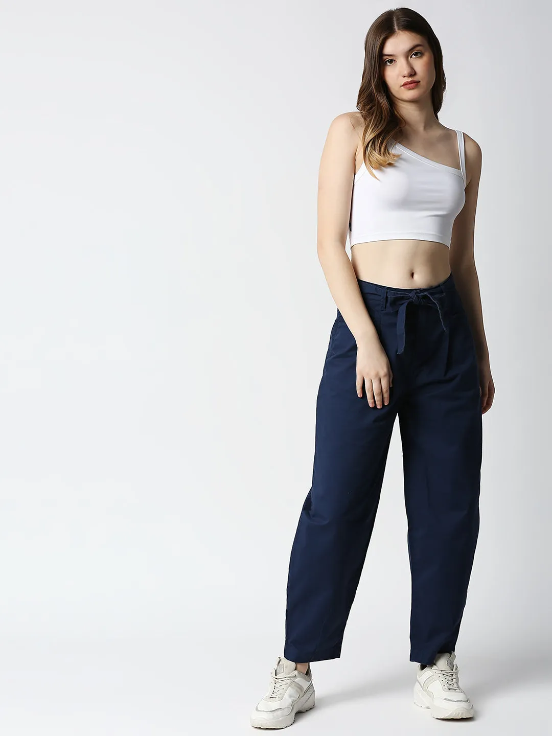 Disrupt Women White Slant Neckline Trendy Slim Fit Sleeveless Crop Top
