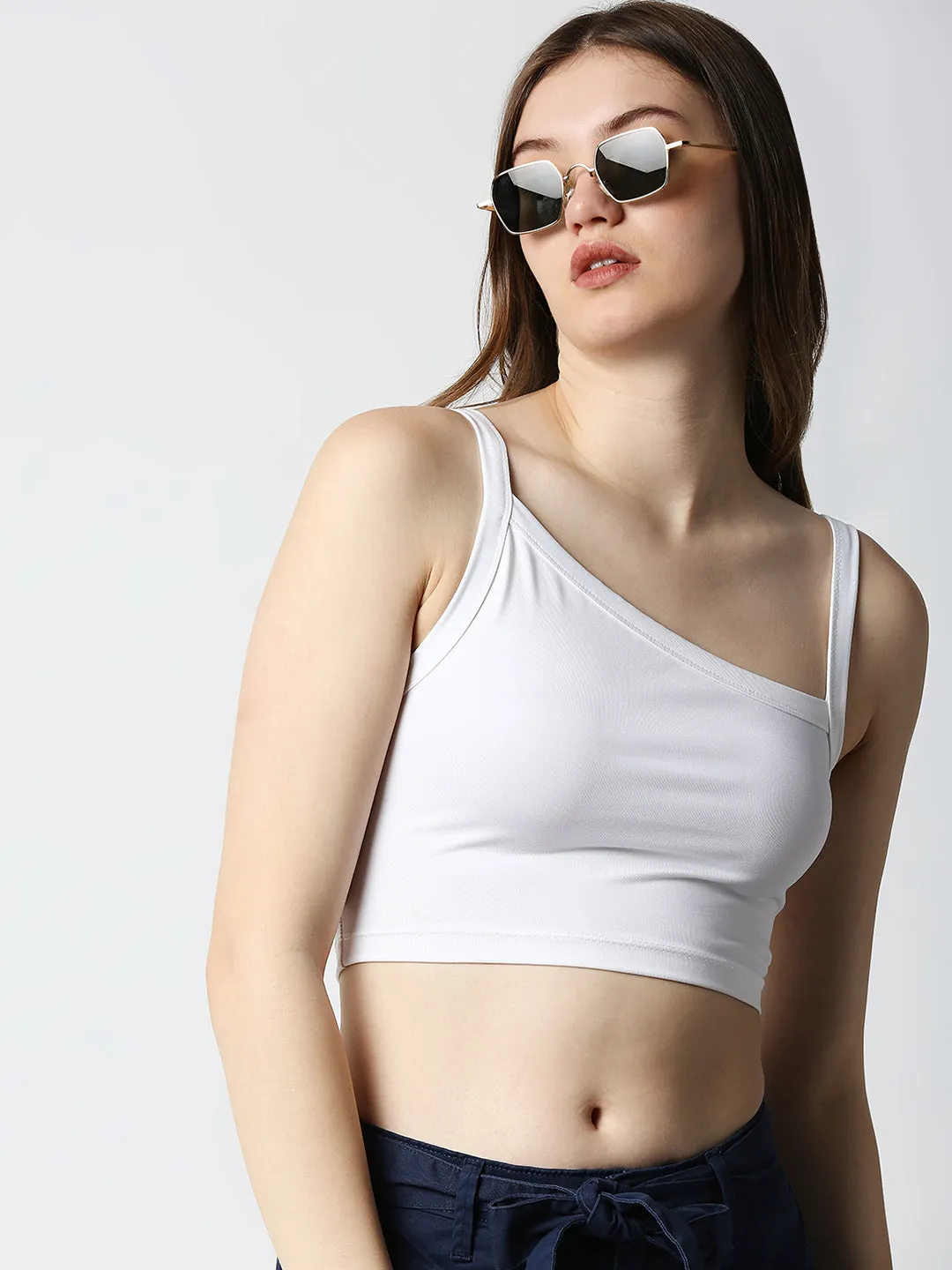 Disrupt Women White Slant Neckline Trendy Slim Fit Sleeveless Crop Top