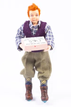 Dollhouse Miniature ~ Marcia Backstrom Young Boy in Plaid Shirt with Box