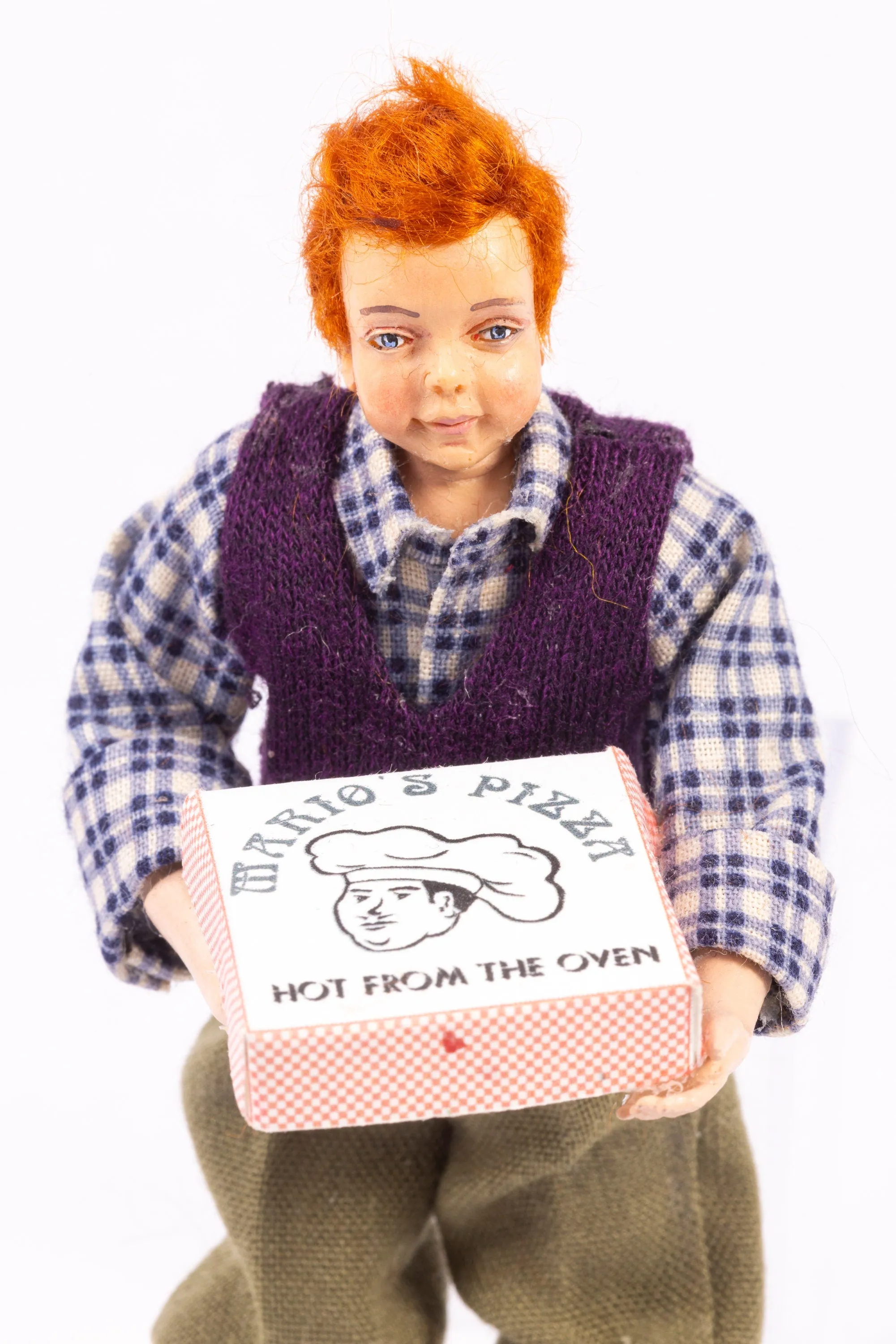Dollhouse Miniature ~ Marcia Backstrom Young Boy in Plaid Shirt with Box