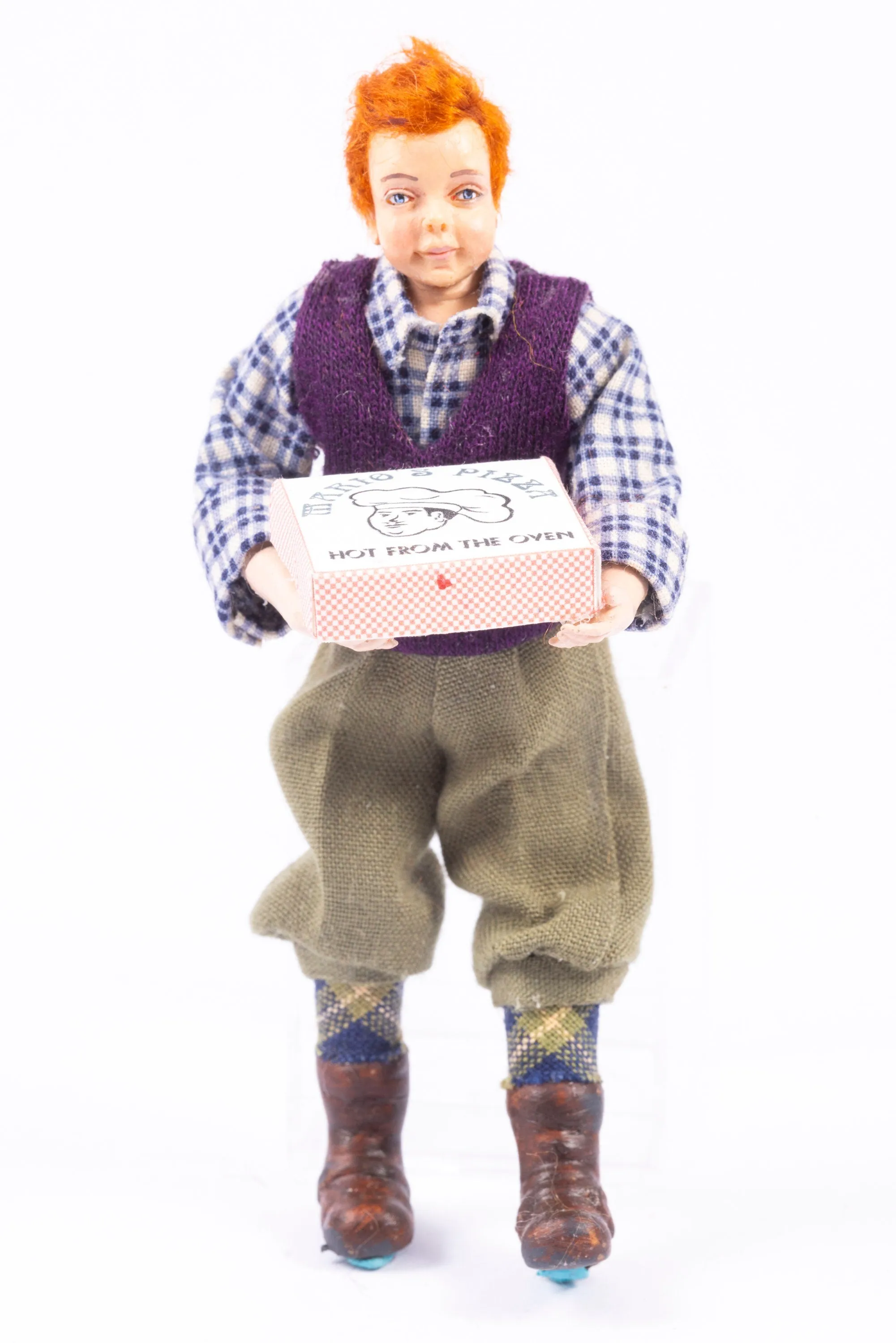 Dollhouse Miniature ~ Marcia Backstrom Young Boy in Plaid Shirt with Box