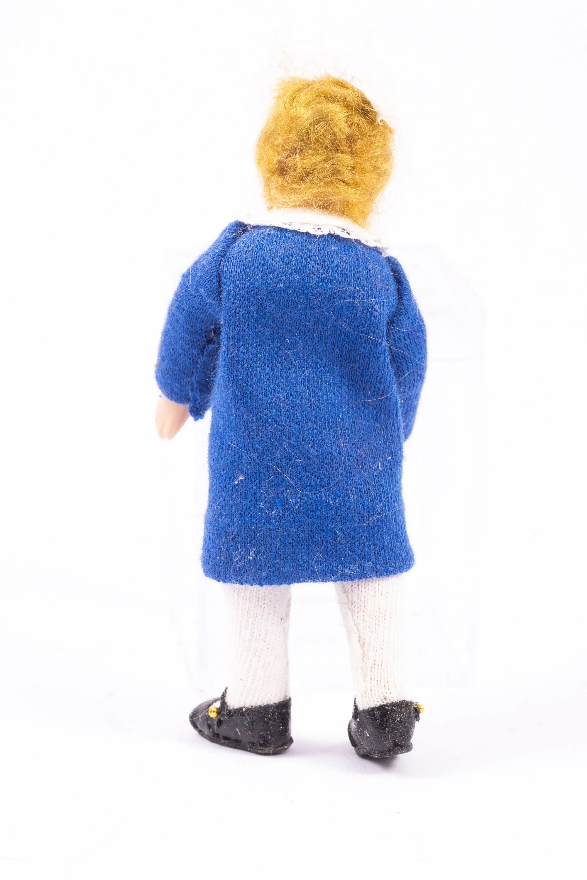 Dollhouse Miniature ~ Porcelain Little Girl Doll in Blue Dress, Brass Buttons