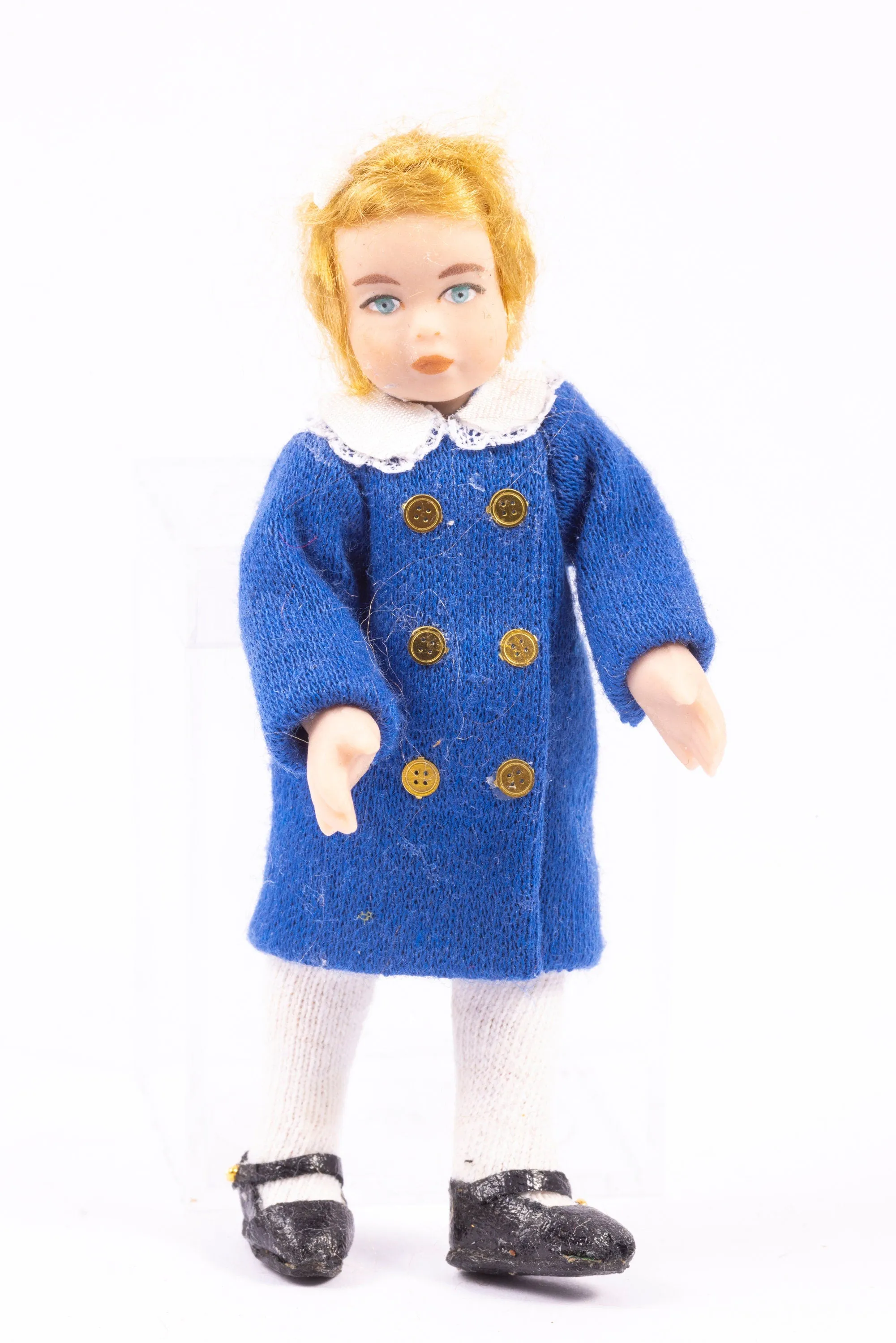 Dollhouse Miniature ~ Porcelain Little Girl Doll in Blue Dress, Brass Buttons