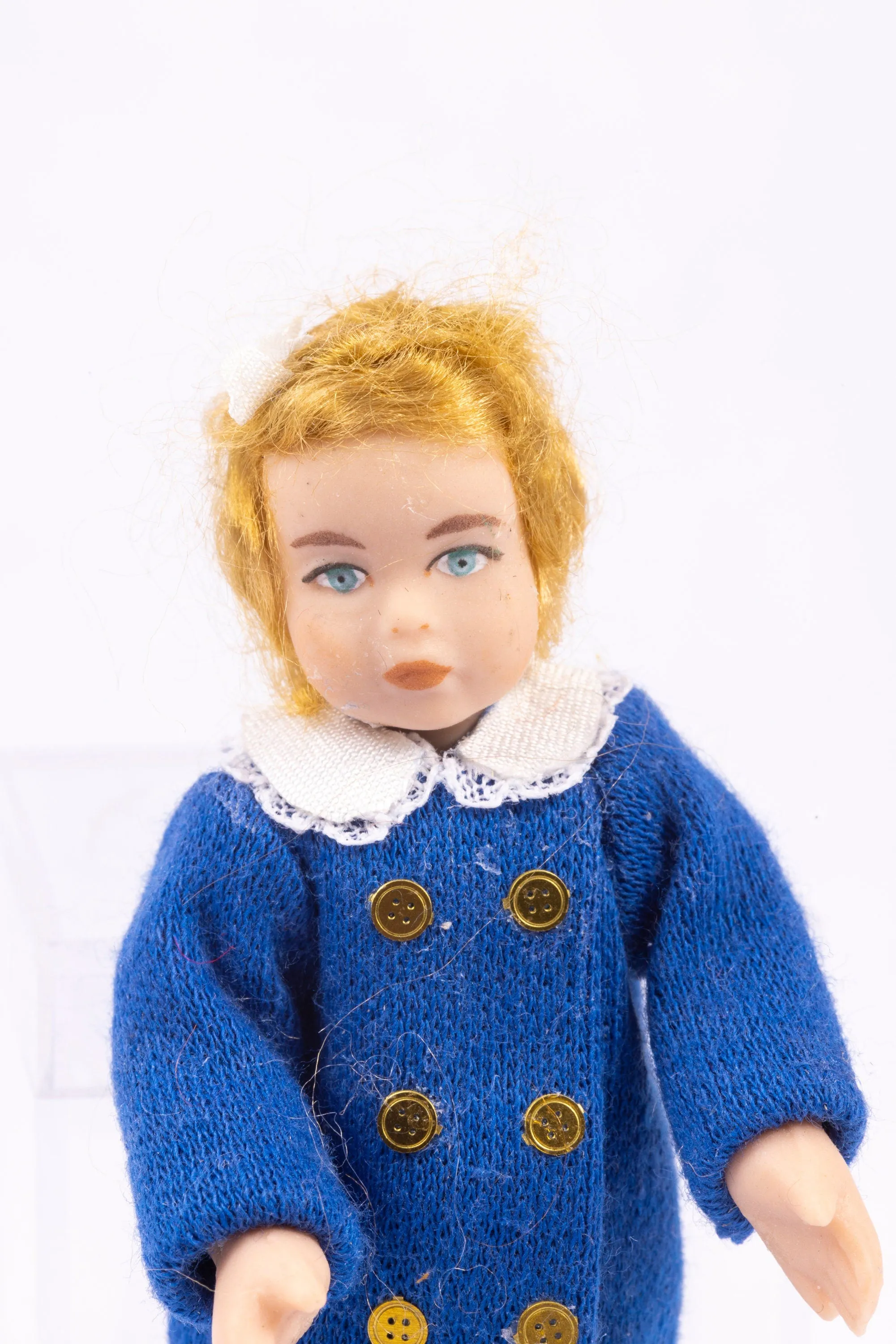 Dollhouse Miniature ~ Porcelain Little Girl Doll in Blue Dress, Brass Buttons
