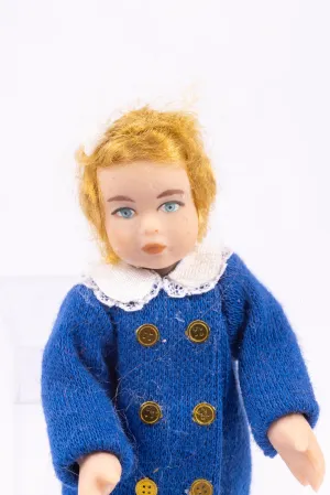Dollhouse Miniature ~ Porcelain Little Girl Doll in Blue Dress, Brass Buttons