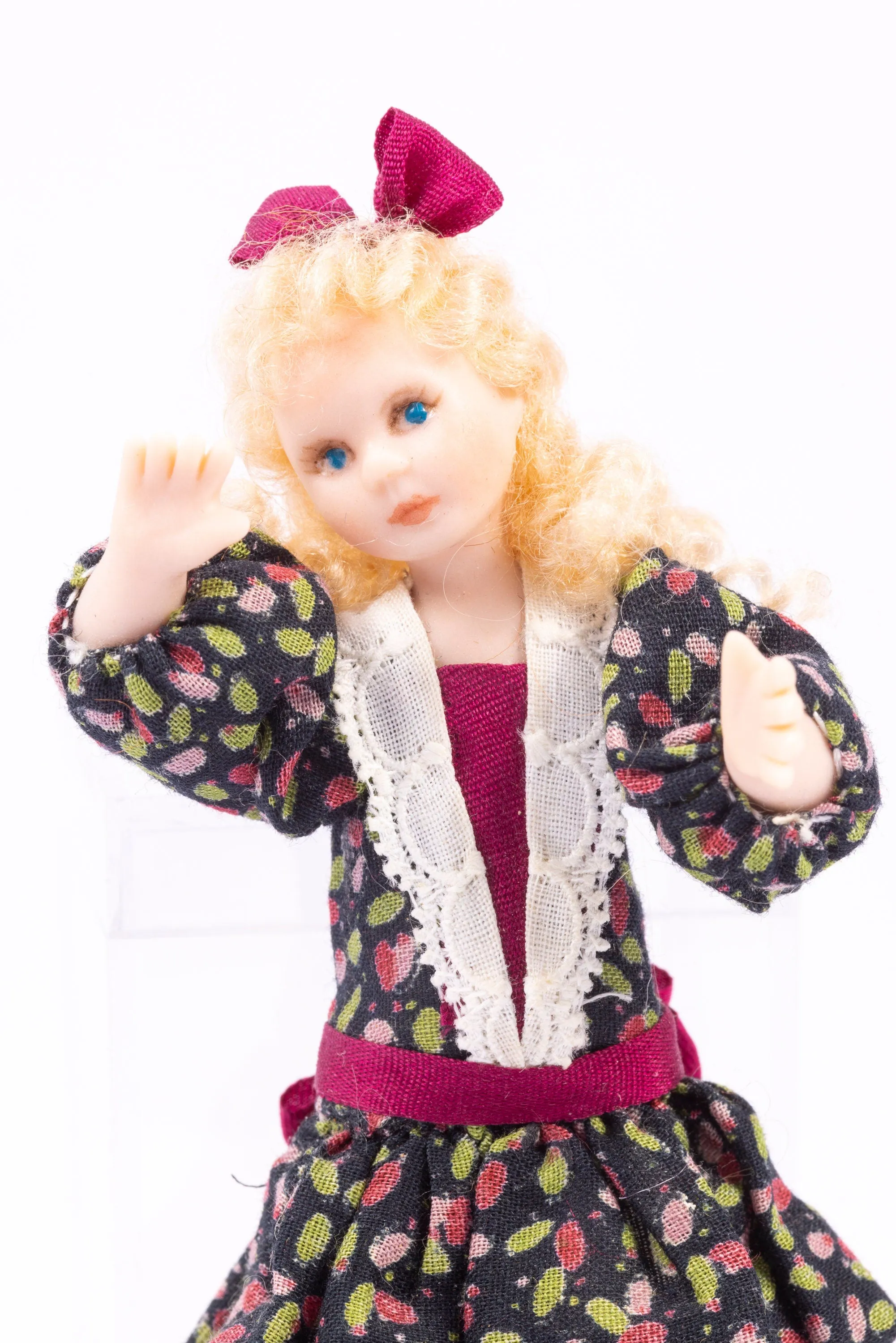 Dollhouse Miniature ~ Porcelain Young Girl Doll  in Victorian Floral Dress