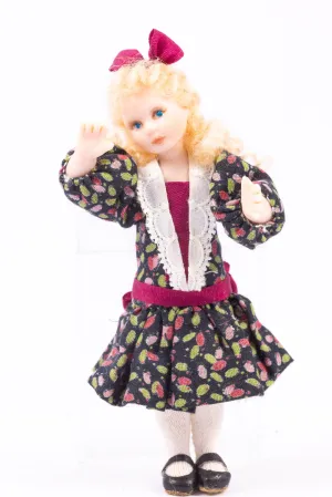 Dollhouse Miniature ~ Porcelain Young Girl Doll  in Victorian Floral Dress