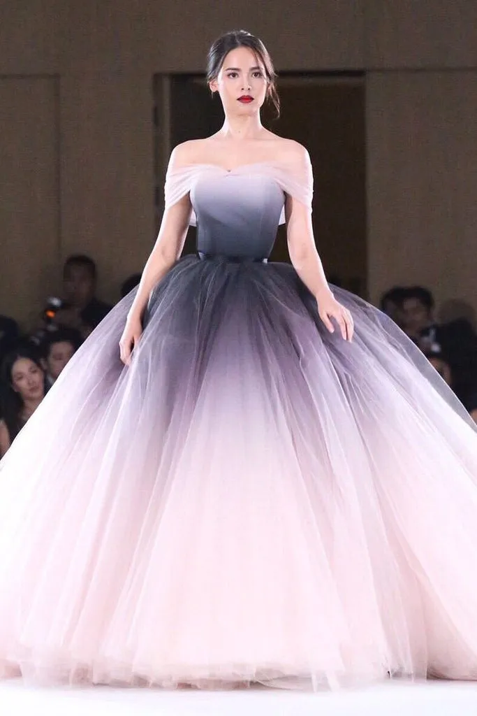 Elegant Off the Shoulder Ombre Tulle Puffy Prom Dresses Long Evening Dresses