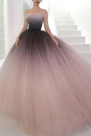 Elegant Off the Shoulder Ombre Tulle Puffy Prom Dresses Long Evening Dresses