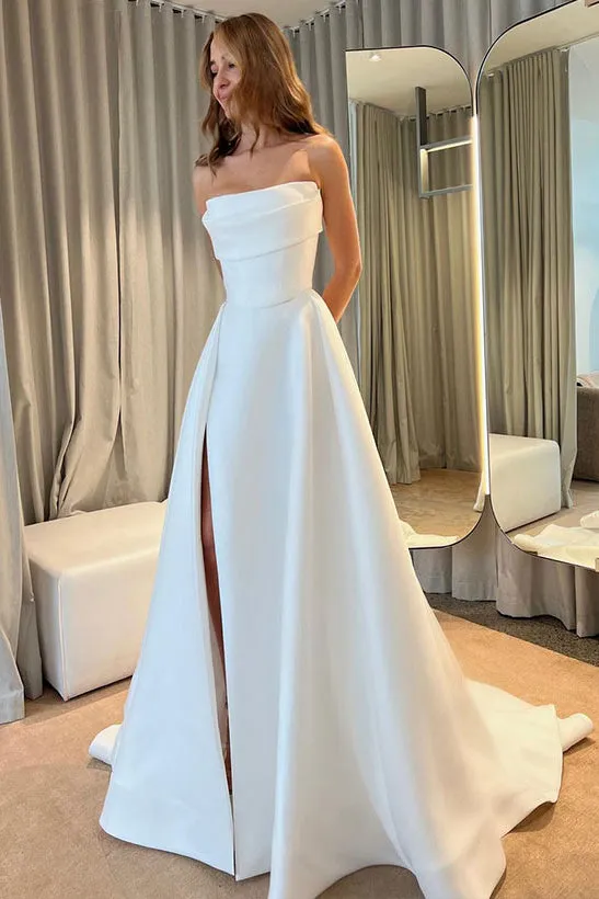 Elegant Strapless A-line Ivory Satin Wedding Dresses with Split PW586