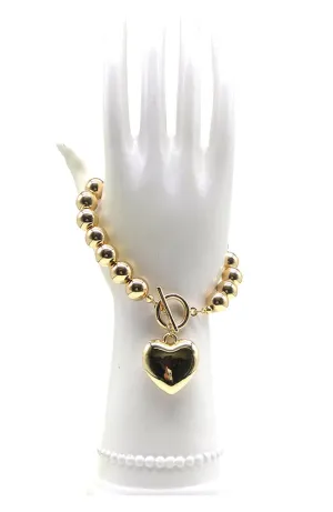 Gold Ball Bracelet with Large Heart Pendant