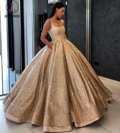 Gold Ball Gown Sequined Prom Dress with Pockets, Long Square Quinceanera Dresses KPP0619