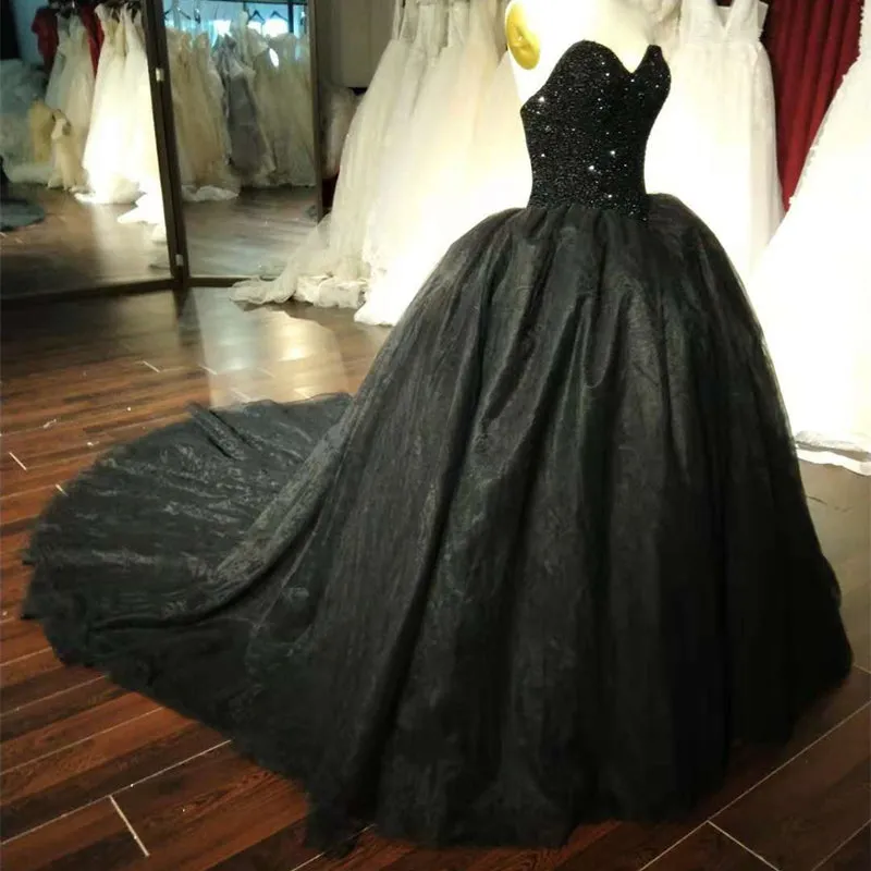 Gorgeous Black Sweetheart Crystal Ball Gown Sweet 16 Dress, Black Party Gown