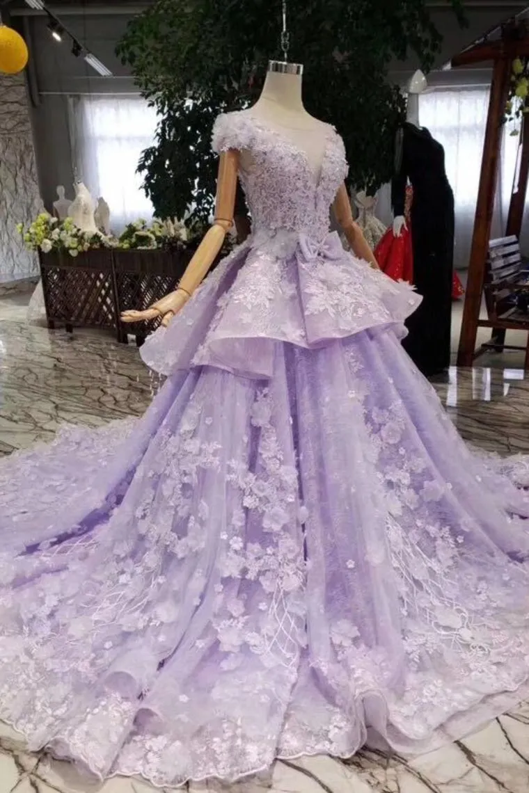 Gorgeous Lilac Ball Gown Short Sleeve Prom Dresses with Long Train